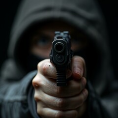 Obraz premium A man holding a gun to the camera.