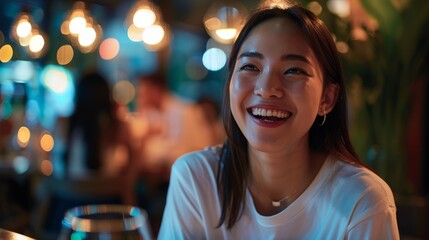 Japanese woman, sushi restaurant, and smile for nice dining party eating, thinking, and talking. Asian friends, seafood, and nutritious diner, bar, or shop meals with culture, traditional or fast.