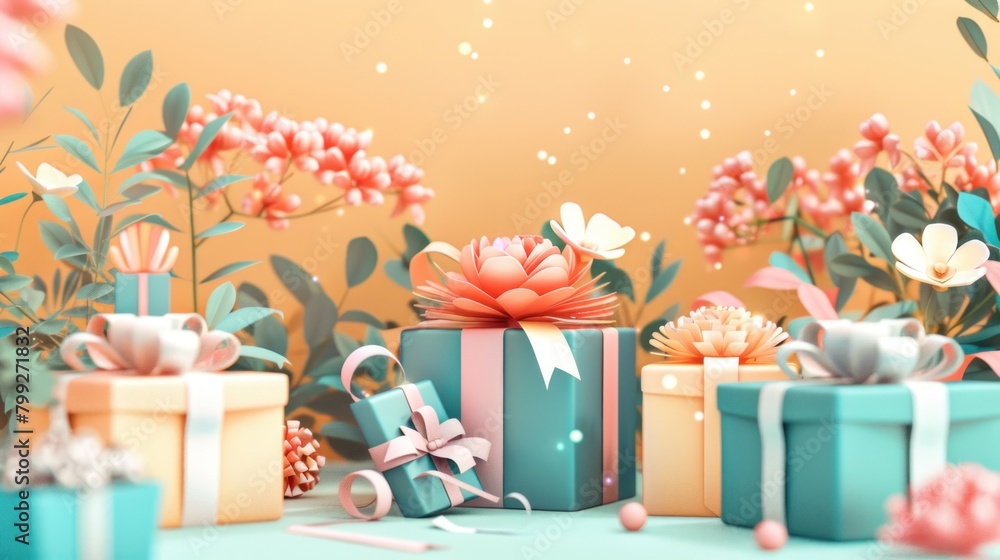 Poster a colorful box of gifts is displayed on a table with a floral background. the flowers are arranged i