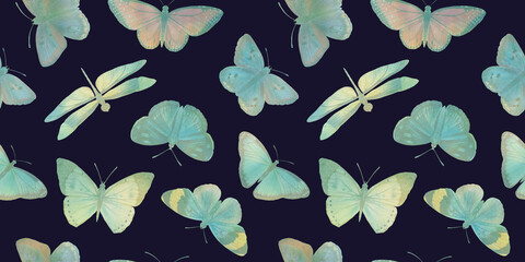 Watercolor seamless background. Butterflies, dragonflies. Delicate watercolor illustration on a dark blue background. Basis for design - fabric, textiles, wallpaper, wrapping paper, scrapbooking