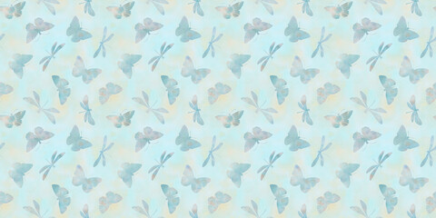 repeating ornament, seamless pattern of dragonflies and butterflies, endless watercolor illustration, hand drawn. Design of fabrics, wrapping paper, kitchen textiles, packaging.