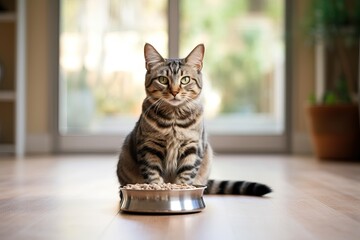Domestic cat next to a bowl of food. Balanced nutrition for cats.