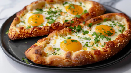 Savory georgian khachapuri topped with sunny-side-up eggs, melted cheese, and parsley on a dark plate