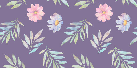 Seamless floral design with flowers and leaves for background, abstract endless pattern. Watercolor illustration and digital drawing of leaves on branches