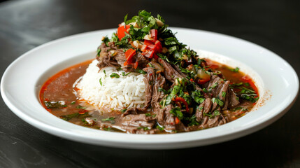 Georgian meat stew with white rice, fresh herbs, and diced tomatoes, presented on a white plate