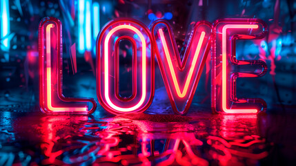 A neon “LOVE” sign on a night street