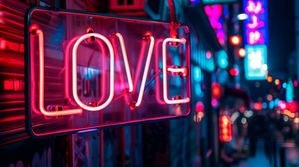 A neon “LOVE” sign on a night street