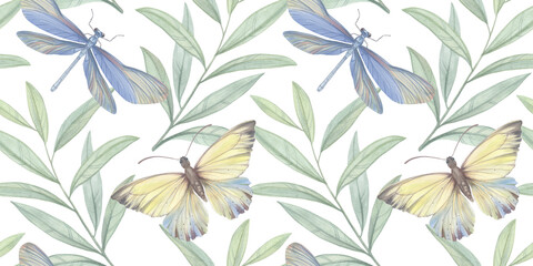 abstract background for design of wallpaper, print and packaging, endless ornament of butterflies and dragonflies and leaves, seamless botanical pattern drawn in watercolors by hand.