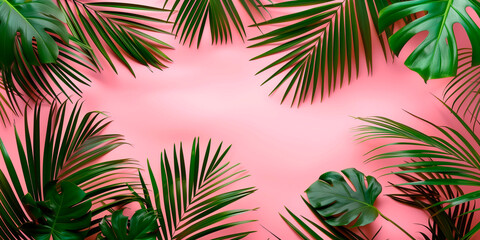Tropical green palm leaves on pink background, Minimal abstract background for product presentation