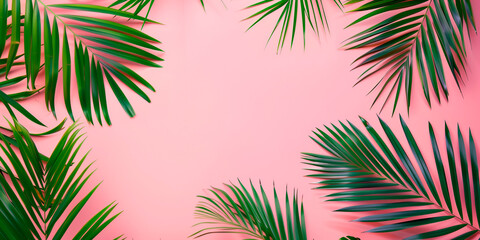 Tropical green palm leaves on pink background, Minimal abstract background for product presentation