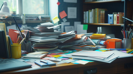 Shot of a Cluttered Desk with Papers and Office Supplies AI Generation