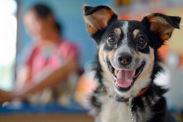 Happy dog with vet at veterinary clinic blurred background