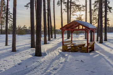 houses for outdoor recreation, winter landscape, sunny frosty day, wooden gazebo against the backdrop of a snowy landscape