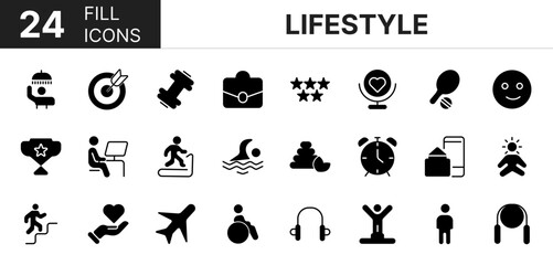 Collection of 24 lifestyle fill icons featuring editable strokes. These outline icons depict various modes of lifestyle. Health, sport, gym, healthy, exercise,