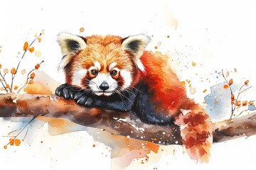 Whimsical Watercolor of a Red Panda Perched on Branches
