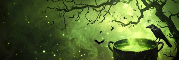 Witch s Potion Bubbling in Cauldron with Ominous Raven Filled Forest Overhead - obrazy, fototapety, plakaty
