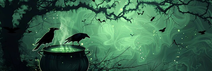 Witch s Cauldron Bubbling with Noxious Potion Gnarled Tree Branches and Ravens Overhead in Spooky Halloween - obrazy, fototapety, plakaty
