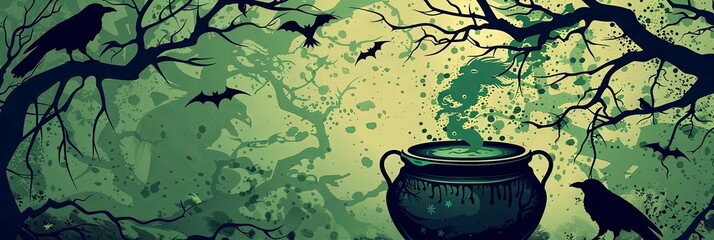 Witch s Cauldron Bubbling with Noxious Green Potion Gnarled Tree Branches Overhead Ravens Perched Nearby - obrazy, fototapety, plakaty