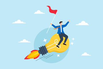 Businessman holds winner flag while riding flying lightbulb idea, illustrating success in business endeavors. Concept of innovative, entrepreneur starting new business, finding solutions