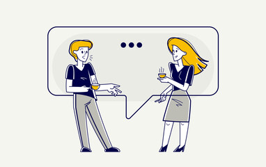 Young man and woman having a dialog about work and business vector outline illustration, employees have a conversation.