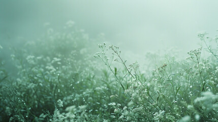Fototapeta na wymiar Serene mint-green particles meander gently through a softly blurred setting, invoking the freshness and tranquility of a spring meadow.