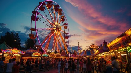 A lively carnival at dusk, Ferris wheel lights against the twilight sky, happy faces of families enjoying rides and games. Resplendent.