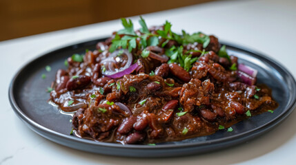 Georgian lobio served on a black plate with fresh parsley and red onion, a delightful choice for food photography
