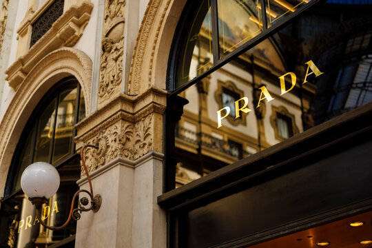 Prada logo in Milan, the Italian luxury fashion house