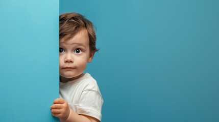 Curiosity Unveiled: Shy Little Boy's Peek Behind the Blue Wall