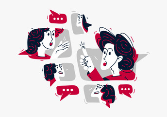 Group of young people having a discussion online via messenger, vector illustration of remote team in a conversation or brainstorm, business and work or webinar.
