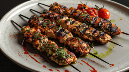 Georgian-style grilled chicken skewers with fresh herbs and spices, served on a stylish plate with roasted tomatoes