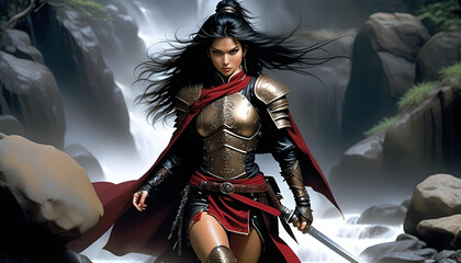 A digital art of a Latina warrior woman in a red leather outfit holding a sword, with waterfalls in the background.