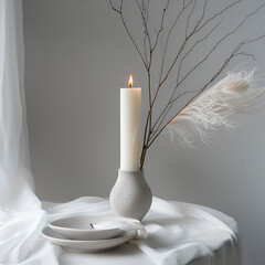 create a candle using branches of feathers, concrete, silk in a minimalist style
