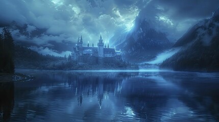 Castle reflecting in lake in 3D Hologram style, blue neon enhancing serene and historic vibe.