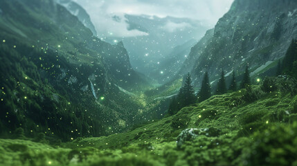 Secluded mountain valley with vibrant green particles swirling against a blurred backdrop, evoking the rugged beauty and timeless majesty of the alpine landscape.
