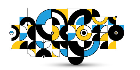 Abstract geometric artistic vector background, Bauhaus style wallpaper with circles triangles and lines, pattern artwork geometrical abstraction.