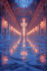 Grand palace ballroom in opulent 3D Hologram style, illuminated by blue neon chandeliers.