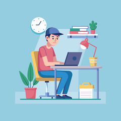 young man using desktop computer vector illustration design