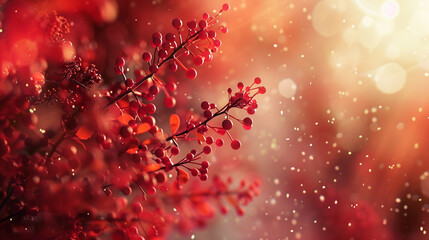 Scarlet particles dance with abandon amidst a gently blurred scene, igniting the senses with passion and vitality.