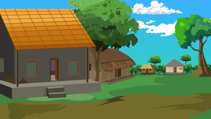 Indian village house background for cartoon animation landscape with village Village farm house, old Indian rural house, mud house, cottage, rural