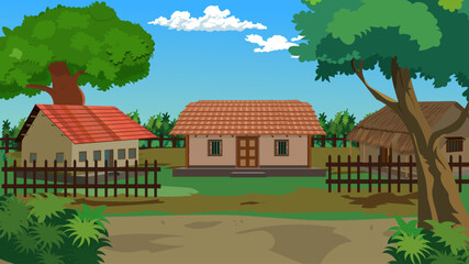 Village rural landscape, road landscape, Indian poor mud house, Farmer house, Village landscape, straw hut, Indian village house