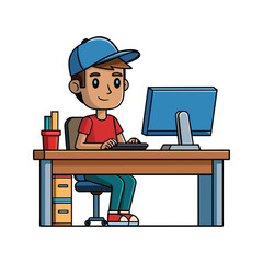 young man using desktop computer vector illustration design