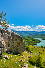 Bovilla, Albania - April 27, 2024. Attractive spring view of Bovilla Lake, Tirana city location....