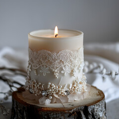 create a candle using lace, crystals, leather in a minimalist style