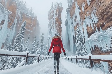 Woman in a Red Jacket Cross Country Skiing