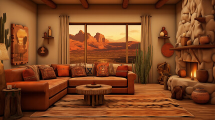 Living room with beautiful lighting and a southwest interior style.