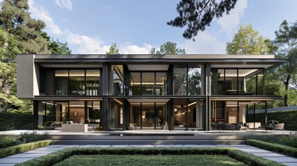 Obraz premium Computer-rendered image of a sleek, modern style villa with minimalist design, showcasing expansive glass windows and a sophisticated facade
