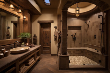 Bathroom with beautiful lighting and a southwest interior style.