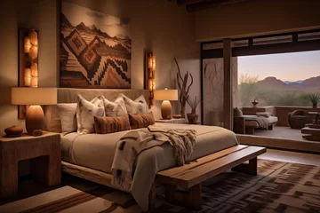 Fotobehang Bedroom with beautiful lighting and a southwest interior style. © Jaroon
