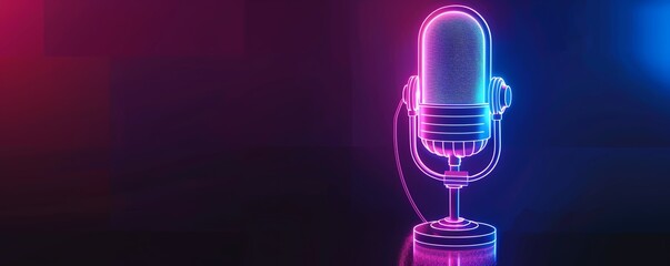 Vibrant neon light display of a Podcast microphone icon, streamlined line art design, perfect for banners